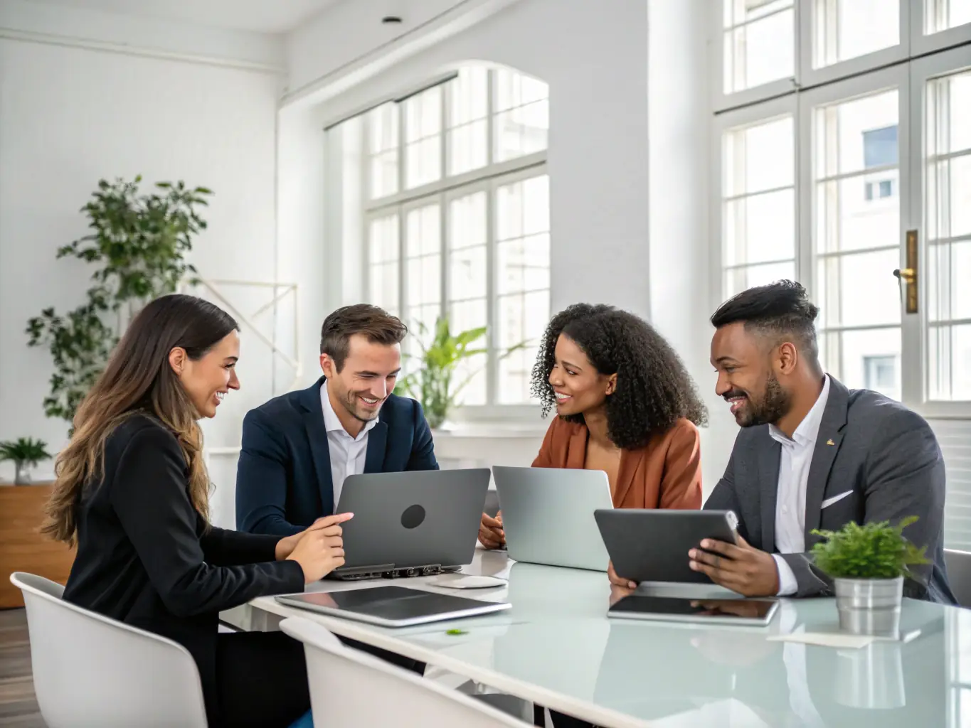An image of a team collaborating on laptops with Microsoft 365 apps visible on screens.