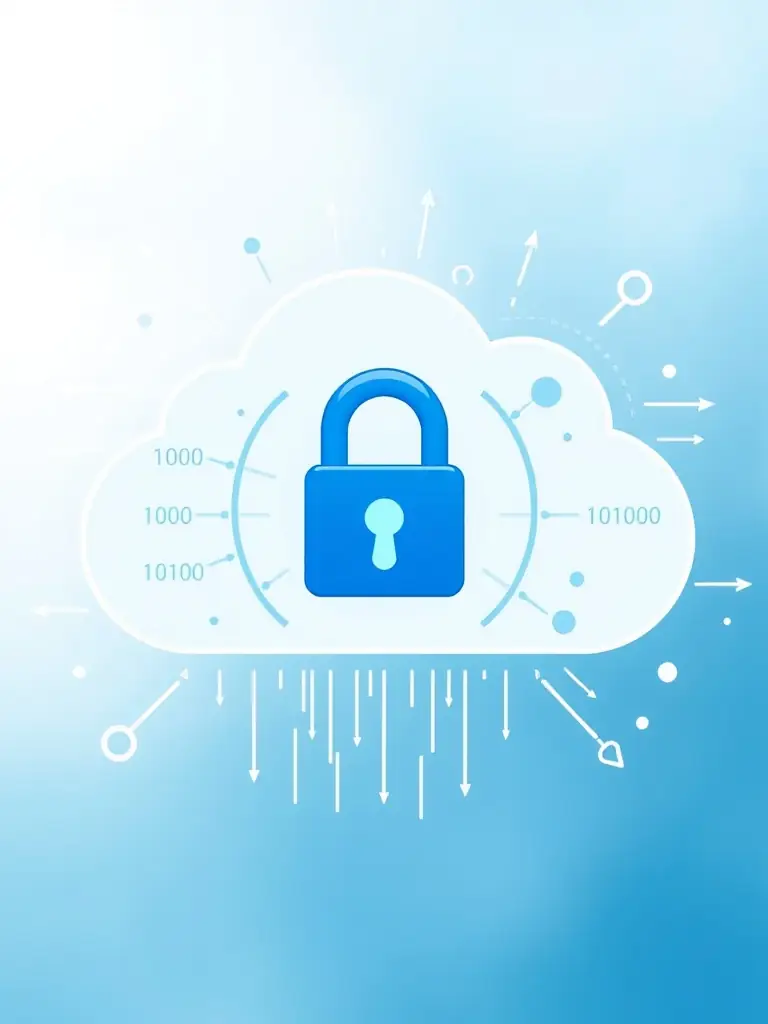 An abstract representation of data flowing into a secure cloud storage vault, emphasizing immutability and data protection, used to visualize OstechSystems' cloud backup service with Cove.