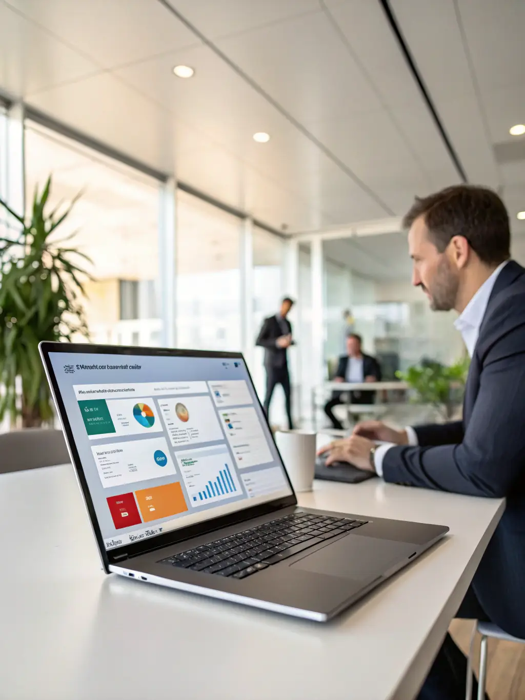A close-up shot of a laptop screen displaying the Microsoft Intune dashboard, showcasing device compliance status and security policies, used to illustrate endpoint security.